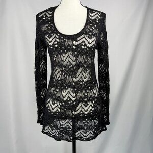 Eileen Fisher Crochet Knit Wool Lace Top, Black, Size S